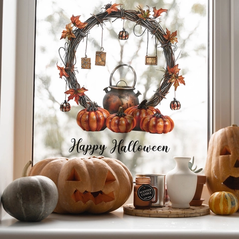 Happy Halloween Pumpkin Wreath Wall Sticker Removable PVC Decal For Home Living Room Bedroom Festive Party Mural Decoration