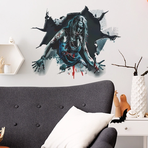 3D Zombie Vrouw Breekt Door Muur Halloween Sticker Horror Geest Vrouw PVC Decal Voor Spookhuis Feest Woonkamer Decoratie