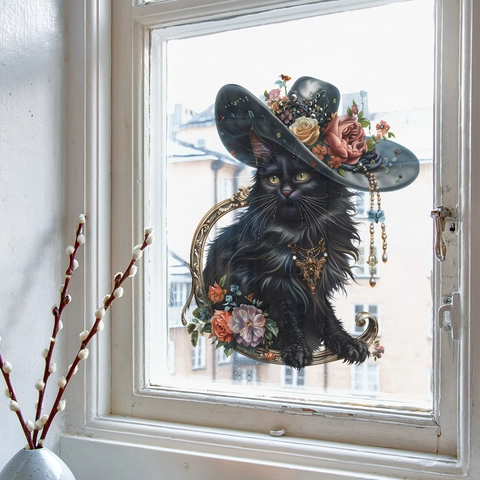 Vintage Fantasy Zwarte Kat Muursticker Met Bloemenhoed En Gouden Ketting PVC Zelfklevend Home Decor