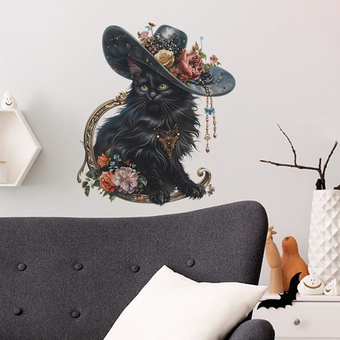 Vintage Fantasy Zwarte Kat Muursticker Met Bloemenhoed En Gouden Ketting PVC Zelfklevend Home Decor