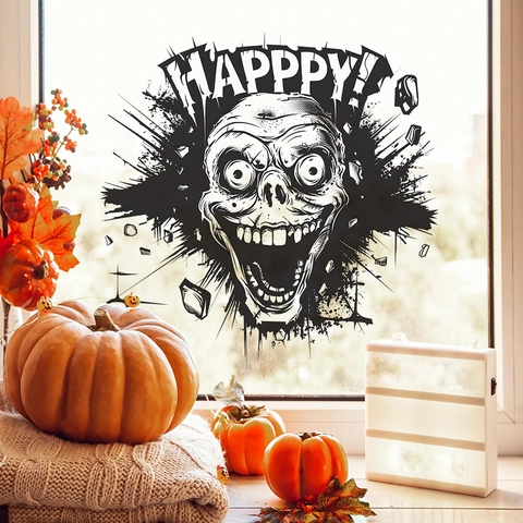Halloween Totenkopf Wandaufkleber PVC Abnehmbares Fensterbild Für Haus Party Deko Happy Zombie Kopf Graffiti Aufkleber