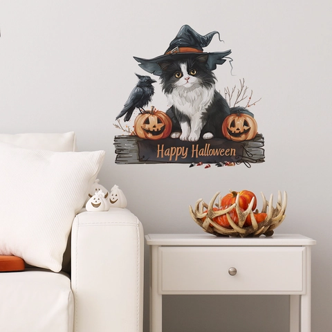 Halloween Wandsticker Cartoon Schwarz Weiß Katze Mit Hexenhut Kürbis Krähe Muster PVC Heimdeko Happy Halloween Dekoration