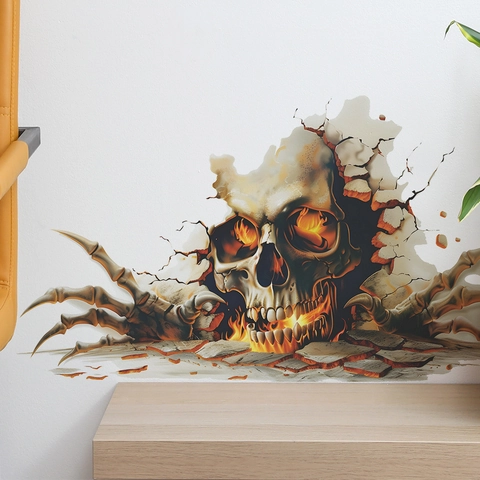 3D Visueel Effect Horror Vlam Schedel Muursticker Waterdicht PVC Muurschildering Voor Halloween Huisdecoratie