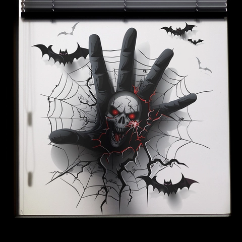 Adesivo da Parete 3D Halloween Mano di Scheletro Horror Teschio Occhi Rossi Pipistrello Ragnatela PVC Rimovibile Decoro Soggiorno