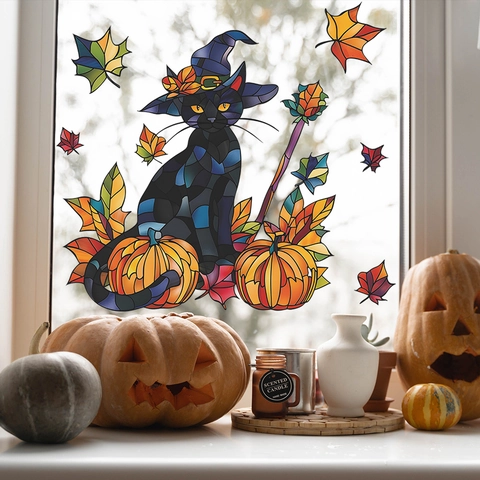 Halloween Black Cat Pumpkin Stained Glass Window Sticker Static Cling Autumn Maple Leaf Decal For Glass Door Home Decor