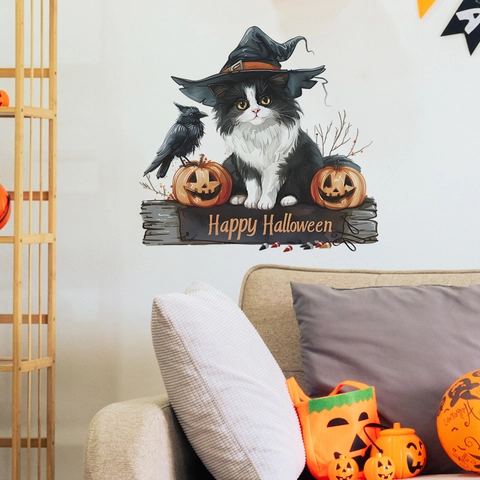 Halloween Wandsticker Cartoon Schwarz Weiß Katze Mit Hexenhut Kürbis Krähe Muster PVC Heimdeko Happy Halloween Dekoration