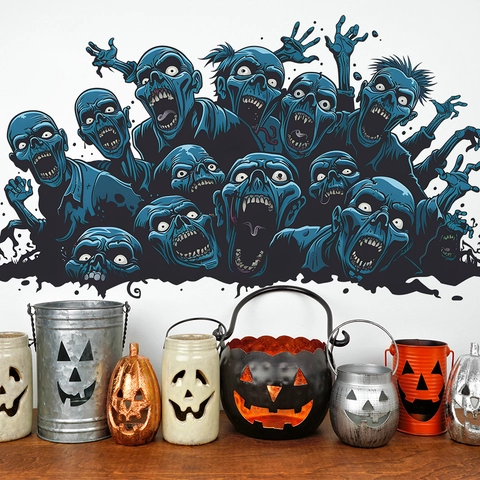 Halloween Zombie Pegatina de Pared Terror Miedo Azul Cara de Fantasma PVC Calcomanía para Dormitorio Sala de Estar Decoración Mural