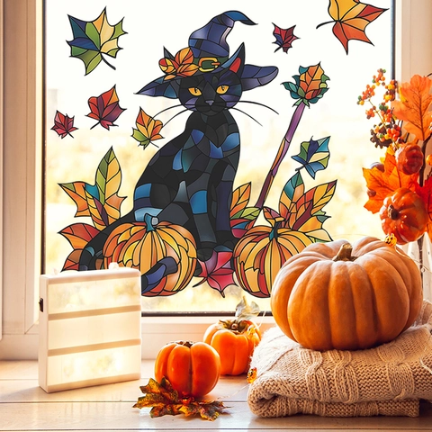 Halloween Black Cat Pumpkin Stained Glass Window Sticker Static Cling Autumn Maple Leaf Decal For Glass Door Home Decor