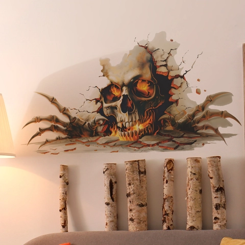 3D Visueel Effect Horror Vlam Schedel Muursticker Waterdicht PVC Muurschildering Voor Halloween Huisdecoratie