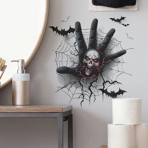 Adesivo da Parete 3D Halloween Mano di Scheletro Horror Teschio Occhi Rossi Pipistrello Ragnatela PVC Rimovibile Decoro Soggiorno