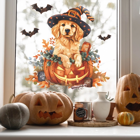 Halloween Süßer Golden Retriever Welpe In Kürbis Statischer Fensteraufkleber PVC Abnehmbar Fledermaus Ahornblatt Glas Dekor