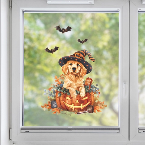 Halloween Süßer Golden Retriever Welpe In Kürbis Statischer Fensteraufkleber PVC Abnehmbar Fledermaus Ahornblatt Glas Dekor