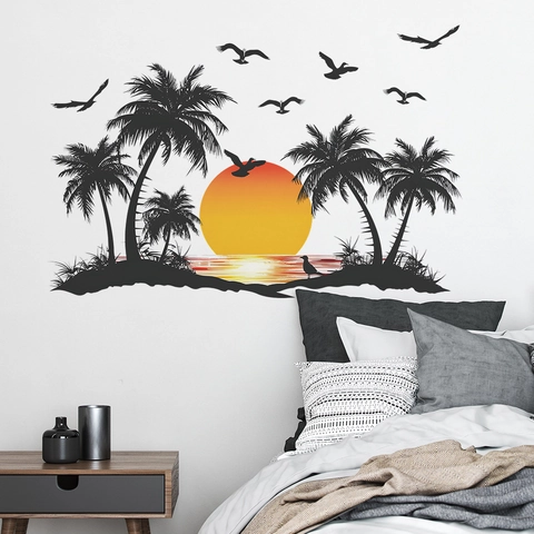 Adhesivo de Pared Tropical Atardecer Palmera Cocotero Pájaros Marinos Removible PVC Autoadhesivo Mural para Sala de Estar Dormitorio Decoración