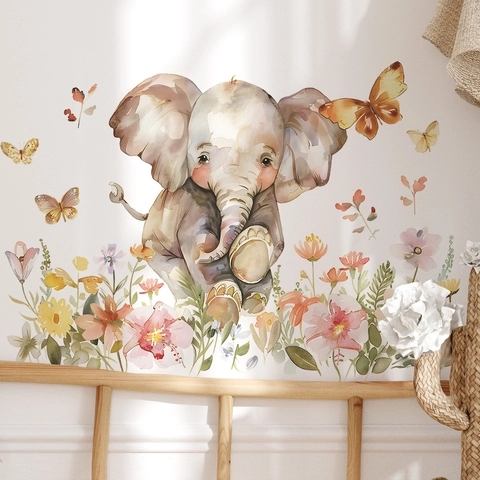 Watercolor Elephant Butterfly Flower Wall Stickers For Kids Nursery Bedroom PVC Decorative Animal Floral Mural Home Decor