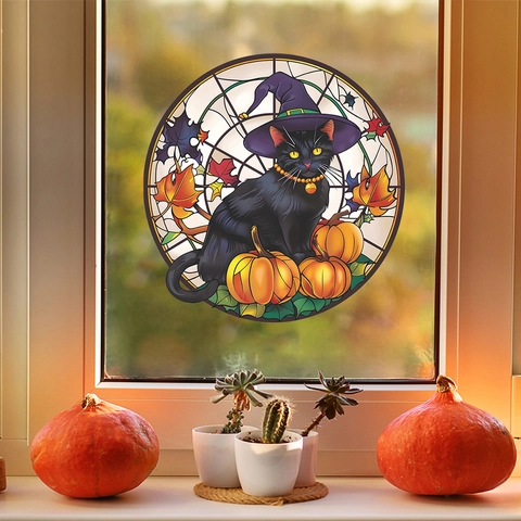 Halloween Black Cat Pumpkin Stained Glass Style Round Window Sticker Static Cling PVC Decal For Home Party Glass Decor