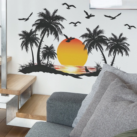 Adhesivo de Pared Tropical Atardecer Palmera Cocotero Pájaros Marinos Removible PVC Autoadhesivo Mural para Sala de Estar Dormitorio Decoración