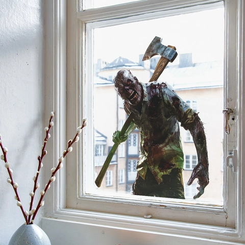 Adesivo per Finestra Zombie Horror Realistico Con Ascia Insanguinata Halloween Decalcomania Statica per Porta in Vetro