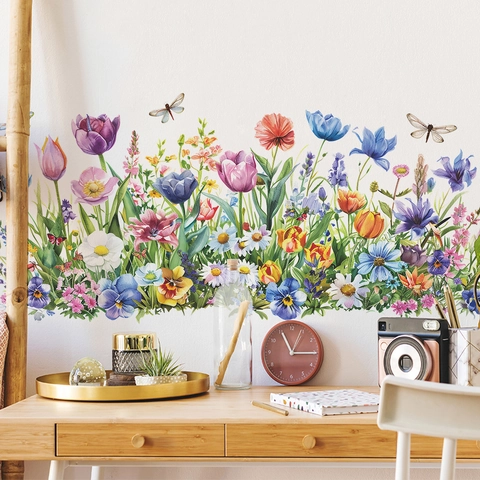 Watercolor Flower Butterfly Garden Wall Stickers PVC Floral Tulip Daisy Decorative Peel And Stick Wall Decals For Living Room Bedroom