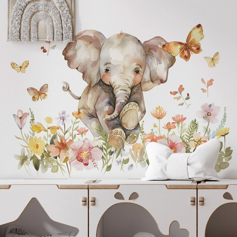Watercolor Elephant Butterfly Flower Wall Stickers For Kids Nursery Bedroom PVC Decorative Animal Floral Mural Home Decor
