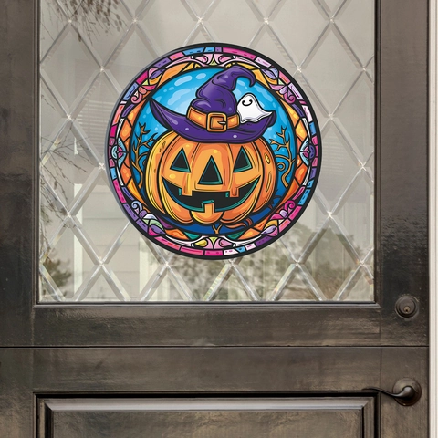 Halloween Stained Glass Style Window Clings Pumpkin Witch Hat Ghost Bat Moon Static Cling PVC Stickers For Home Decoration