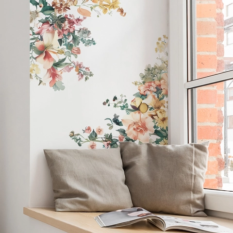 Pegatinas De Pared Flores Acuarela PVC Autoadhesivas Calcomanías Flores Hojas Para Dormitorio Sala De Estar Armario Decoración