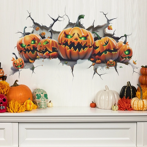 Halloween 3D Kürbis Wandtattoo Zerbrochene Wand Design Jack-O-Lantern PVC Aufkleber Für Wohnzimmer Schlafzimmer Party Deko