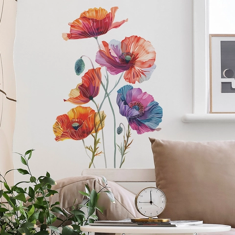 Artistic Watercolor Poppy Flower Wall Stickers Colorful PVC Floral Wall Decals For Living Room Bedroom Home Decor DIY Mural