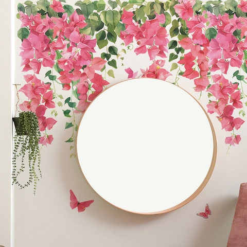 Vinilos Decorativos de Pared de Flores de Buganvilla Rosa Acuarela PVC Autoadhesivo Mural de Mariposa Floral para Dormitorio Sala de Estar Decoración del Hogar