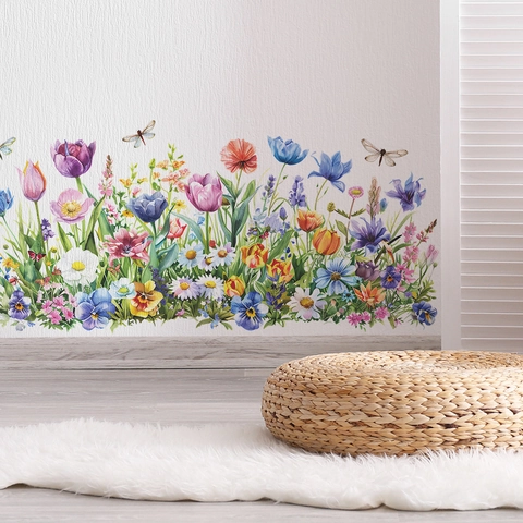 Watercolor Flower Butterfly Garden Wall Stickers PVC Floral Tulip Daisy Decorative Peel And Stick Wall Decals For Living Room Bedroom