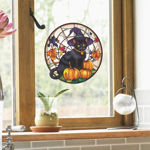 Halloween Black Cat Pumpkin Stained Glass Style Round Window Sticker Static Cling PVC Decal For Home Party Glass Decor