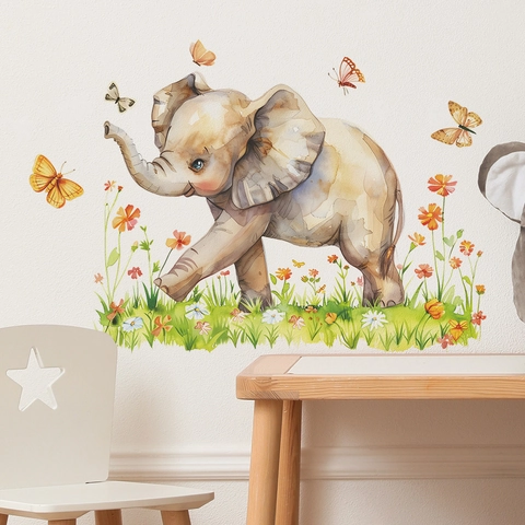 Aquarel Olifant Vlinder Bloem Muurstickers PVC Decoratieve Muurstickers Voor Kinderkamer Babykamer Slaapkamer Home Decor