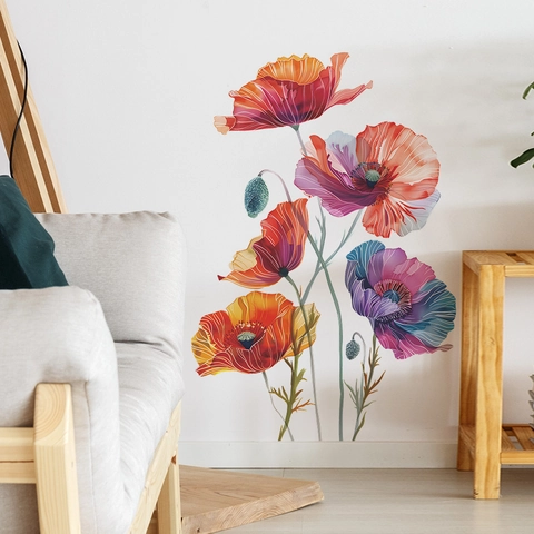 Artistic Watercolor Poppy Flower Wall Stickers Colorful PVC Floral Wall Decals For Living Room Bedroom Home Decor DIY Mural