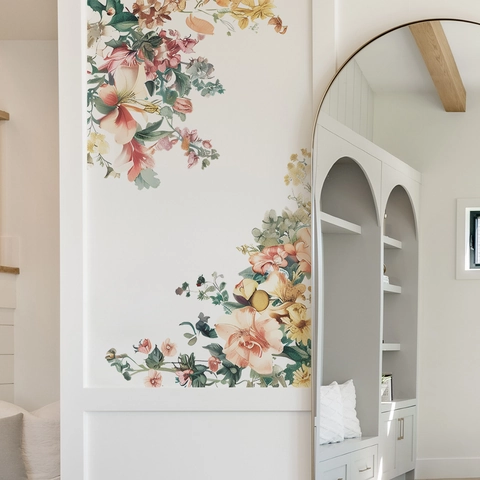 Pegatinas De Pared Flores Acuarela PVC Autoadhesivas Calcomanías Flores Hojas Para Dormitorio Sala De Estar Armario Decoración