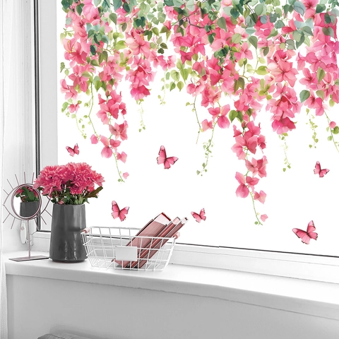 Aquarell Rosa Blume Schmetterling Blätter PVC Wandaufkleber Für Schlafzimmer Wohnzimmer Glas Fenster Dekoration Home Art Dekor
