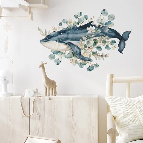 Adesivo Murale Balena Acquerello Con Foglie Di Eucalyptus E Fiori Bianchi Decalcomania In PVC Per Cameretta Bambini