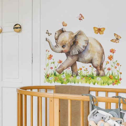 Aquarel Olifant Vlinder Bloem Muurstickers PVC Decoratieve Muurstickers Voor Kinderkamer Babykamer Slaapkamer Home Decor