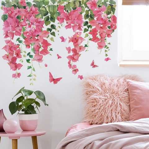Vinilos Decorativos de Pared de Flores de Buganvilla Rosa Acuarela PVC Autoadhesivo Mural de Mariposa Floral para Dormitorio Sala de Estar Decoración del Hogar