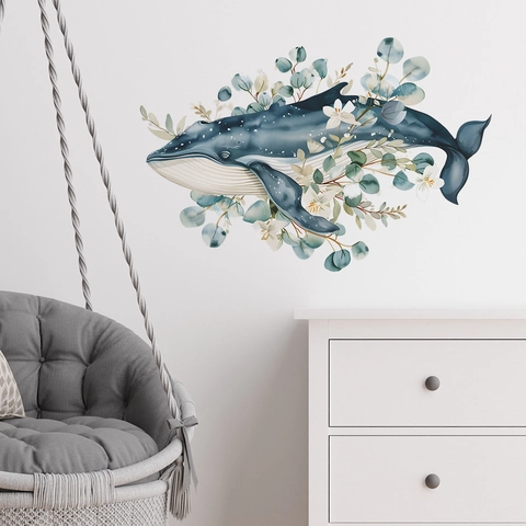 Adesivo Murale Balena Acquerello Con Foglie Di Eucalyptus E Fiori Bianchi Decalcomania In PVC Per Cameretta Bambini