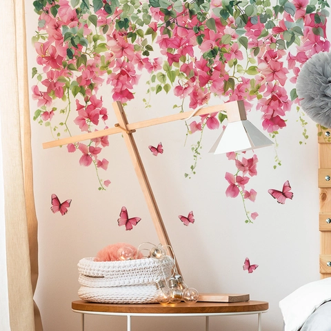 Aquarell Rosa Blume Schmetterling Blätter PVC Wandaufkleber Für Schlafzimmer Wohnzimmer Glas Fenster Dekoration Home Art Dekor