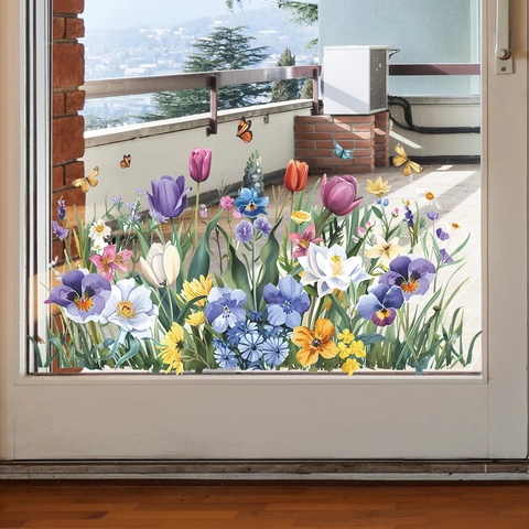 Bunte Tulpe Schmetterling Floral Fensteraufkleber PVC Abnehmbare Statische Glastür Dekal Für Zuhause Wohnzimmer Schlafzimmer Deko