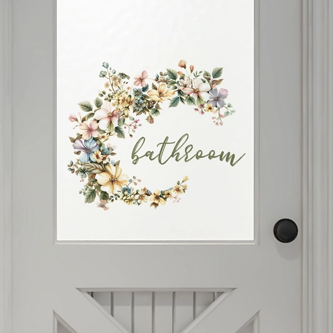Pegatina para Puerta de Baño con Guirnalda Floral de PVC Impermeable Calcomanía de Pared para Decoración del Hogar Estilo Moderno