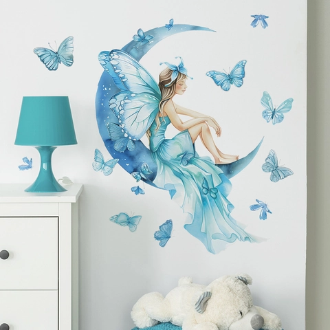Pegatina de Pared Acuarela Hada Mariposa Luna Decoración Elfo Azul de Ensueño para Dormitorio Niñas Hogar PVC Vinilo de Pared