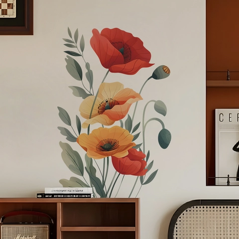 Adesivo da Parete Papavero Dipinto PVC Rimovibile Floreale Decalcomania per Camera da Letto Soggiorno Decorazione Casa Murale Arte