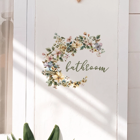 Pegatina para Puerta de Baño con Guirnalda Floral de PVC Impermeable Calcomanía de Pared para Decoración del Hogar Estilo Moderno