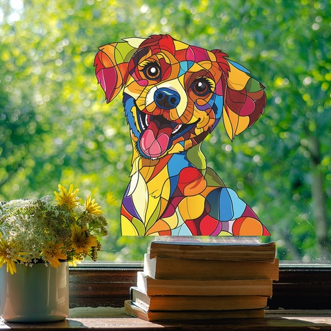 Kleurrijke Hond Venstersticker Gebrandschilderd Glas Stijl Mozaïek Huisdier Decoratieve PVC Sticker Voor Glazen Deur Huis Decoratie