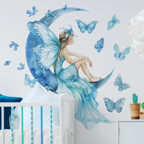Pegatina de Pared Acuarela Hada Mariposa Luna Decoración Elfo Azul de Ensueño para Dormitorio Niñas Hogar PVC Vinilo de Pared