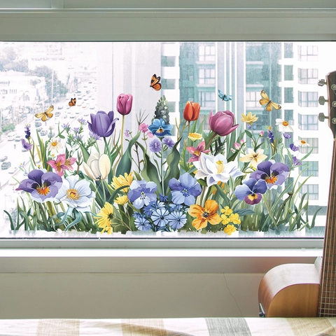 Bunte Tulpe Schmetterling Floral Fensteraufkleber PVC Abnehmbare Statische Glastür Dekal Für Zuhause Wohnzimmer Schlafzimmer Deko