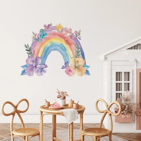 Watercolor Rainbow Floral Wall Stickers PVC Removable Rainbow Flower Leaf Decals For Kids Bedroom Nursery Home Decoration