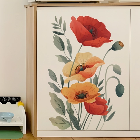 Adesivo da Parete Papavero Dipinto PVC Rimovibile Floreale Decalcomania per Camera da Letto Soggiorno Decorazione Casa Murale Arte