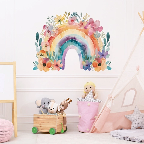 Pegatina de Pared de Arco Iris y Flores de Acuarela para Habitación de Niños Dormitorio Decoración del Hogar Calcomanías de PVC